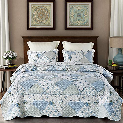 VIVILINEN Blue Floral Patchwork Quilt Set - 3 Piece Full/Queen Bedspread
