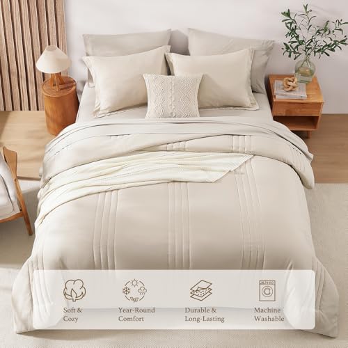 Beige 7-Piece Queen Comforter Set - Soft All-Season Bed in a Bag with Sheets