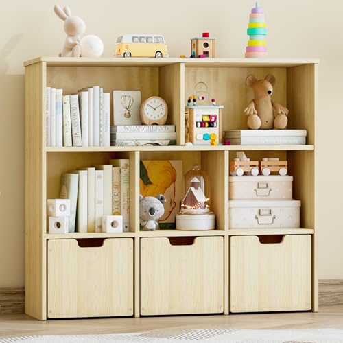 Solid Pine Wood Toy Organizer with 3 Rolling Drawers and 5 Storage Cubes