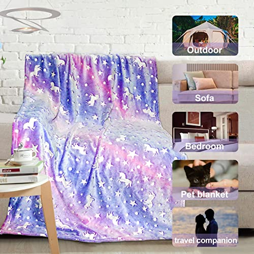 Unicorn Glow in the Dark Blanket for Girls - Soft Plush Fleece Throw 40"x60"