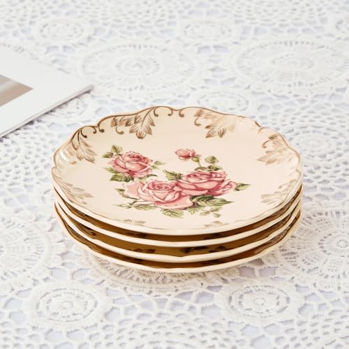 YOLIFE Pink Rose Tea Saucers Set of 4, 5.8-Inch Fine Porcelain Tea Plates