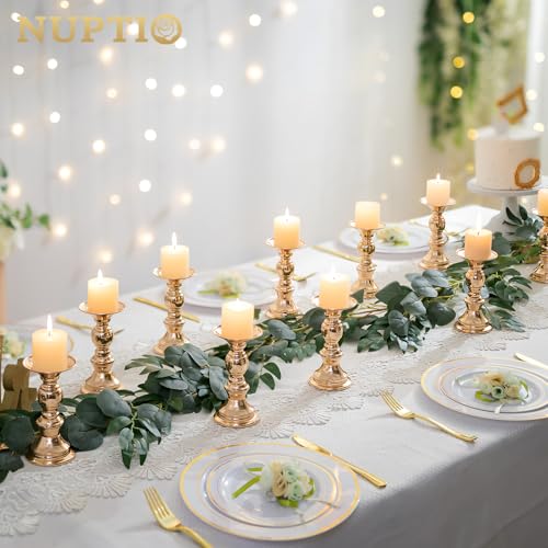 NUPTIO 10Pcs Gold Pillar Candle Holders Set, 6in Centerpiece Stands for 2in Candles