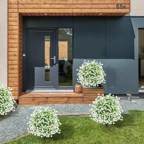 2-Pack UV Resistant Artificial White Flower Bushes with Ground Stakes