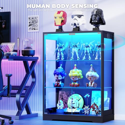 41.7" Glass Display Cabinet with LED Lights and Motion Sensor, Black