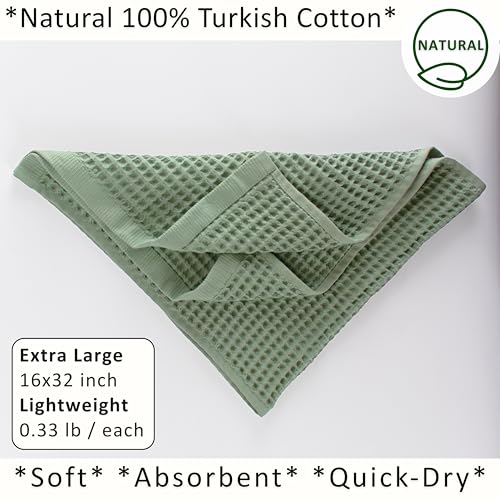 Turkish Cotton Waffle Hand Towel Set - 32x16 Inch Sage Green Kitchen Towels