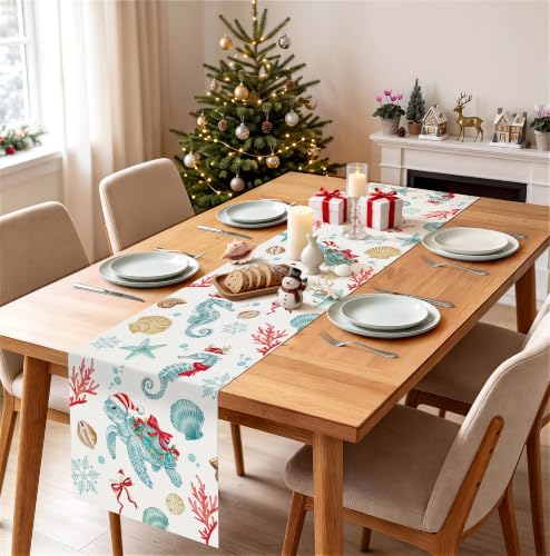 Bonhause 13 x 90 Inch Christmas Coastal Table Runner with Turtles & Seahorses
