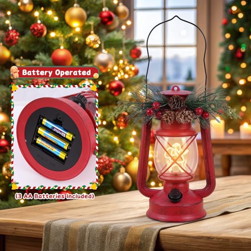 GlexpFesti 2-Pack Christmas Decorative Lanterns with Dimmable Light Wick - Red & Green