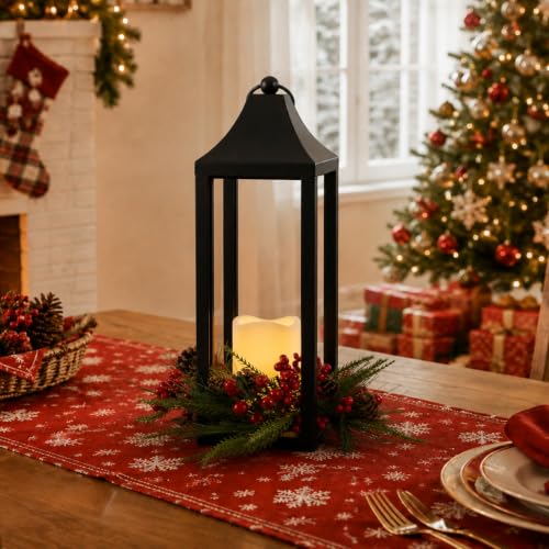 Bdor Black Metal Christmas Lantern with Flameless LED Candle – Variation Christmas D