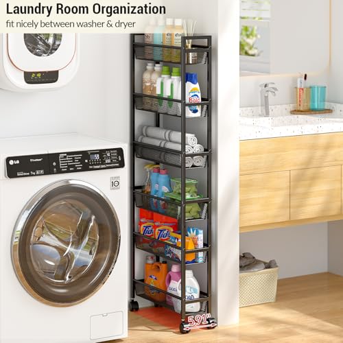 6-Tier Slim Rolling Storage Cart - Narrow Metal Mobile Shelving Unit
