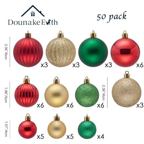 DounakeEvth 50ct Red Green Gold Shatterproof Christmas Ball Ornaments Set (1.57"-2.36"), Pre-Strung