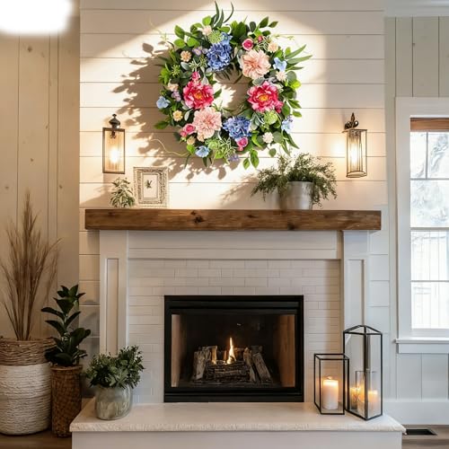 24-Inch Artificial Spring Wreath for Front Door, Floral Eucalyptus Wreath