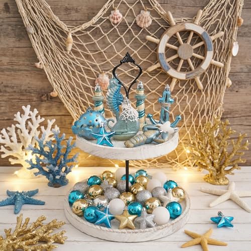 50-Piece Shatterproof Teal Nautical Coastal Tree Ornaments Set for Beach Decor