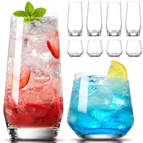 8-Piece Minimalist Drinking Glassware Set, 18 oz Highball and 13 oz Rocks