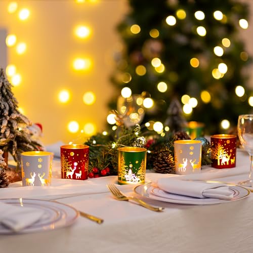 Christmas Glass Votive Candle Holders Set of 6 - Festive Tealight Holders