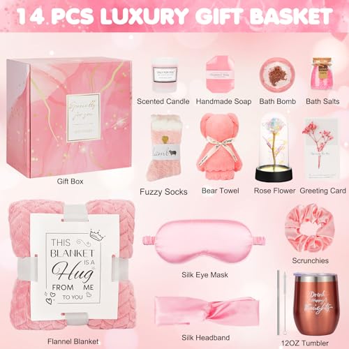 Self Care Spa Gift Basket for Women - 14pc Care Package with Blanket & Tumbler