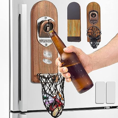 LUCYLANKER Vintage Wooden Wall Mounted Beer Bottle Opener with Magnetic Cap Catcher - Style 3
