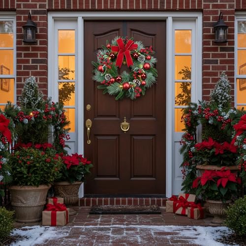 20-Inch Pre-Lit Christmas Wreath with LED Fairy Lights & Red Ornaments