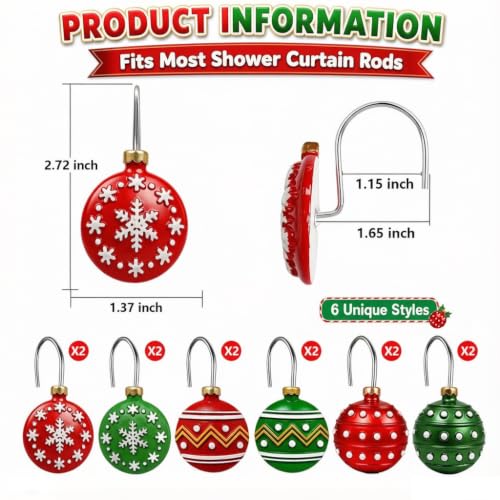 LEWUYII 12 PCS Christmas Ball Shower Curtain Hooks - Holiday Bathroom Decor