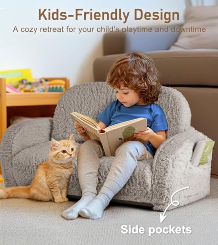2-in-1 Sherpa Fold Out Kids Couch - Convertible Foam Sofa Chair, Gray