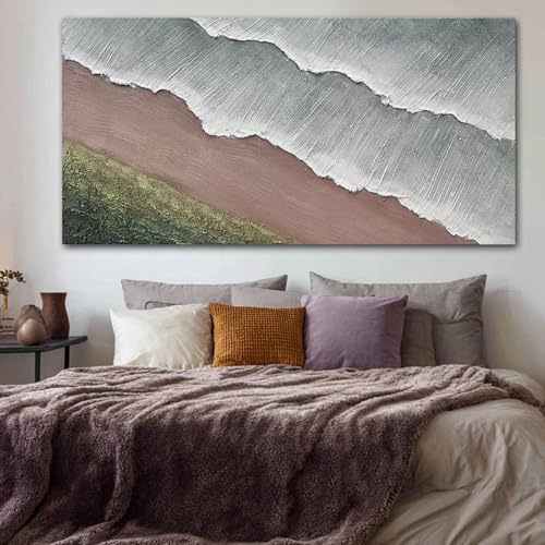 Large Abstract Green and White Canvas Wall Art, 29" x 58" Beach Decor