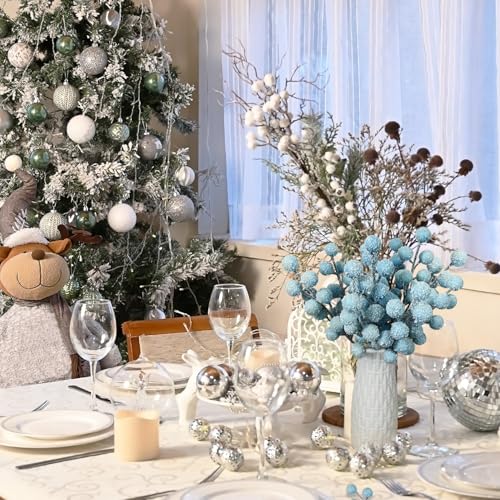 Artificial Snow Berry, 24 pcs Christmas Berries Stems, Artificial Christmas Picks, Berries Stems for Xmas Tree Ornaments Wreath Decorations Home (Light Blue)