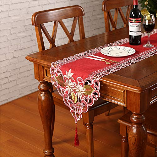 Red Embroidered Christmas Table Runner 15x69 Inch for Holiday Decor