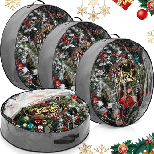 4 Pack Wreath Storage Containers 24-Inch Holiday Garland Bags Gray