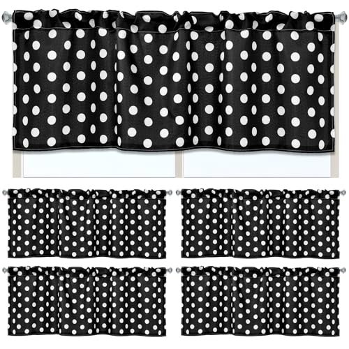 Black and White Polka Dot Window Valances, 4-Piece Rod Pocket Set