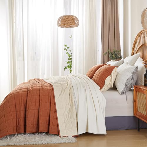 Burnt Orange Queen Quilt Set - 3-Piece Bedding with Cream Stripe