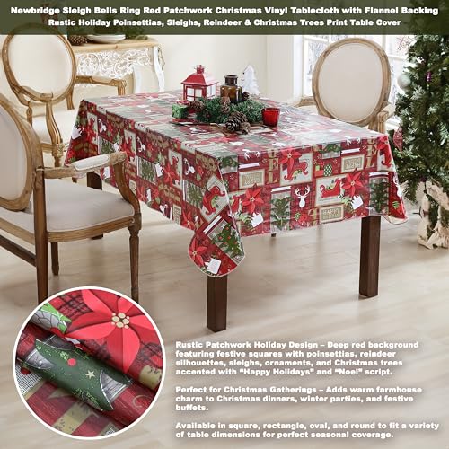 84x60 Inch Red Sleigh Bells Christmas Tablecloth - Festive Vinyl Holiday Cover
