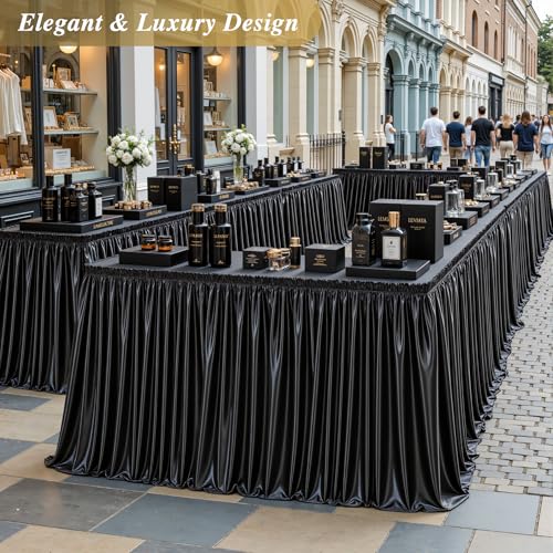 6ft Black Satin Table Skirt, Wrinkle-Free Pleated Spandex for Party Decor