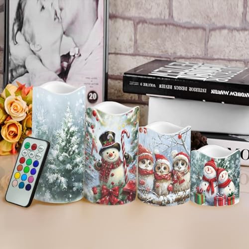 Cute Snowman Owl Flickering Flameless Candles with Remote - Battery LED Pillar Candles (4 Sizes)