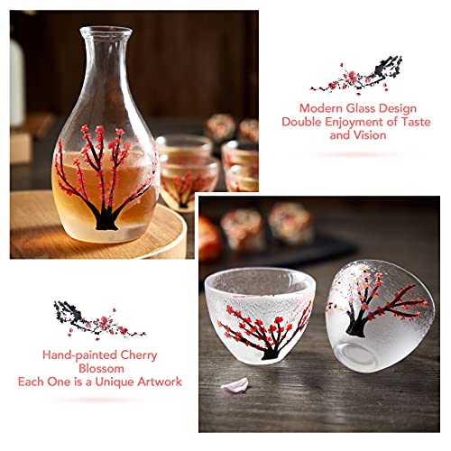 DUJUST Cherry Blossom Sake Set for 4 with Clear Glass Bottle & Cups - Pink Handcrafted Design