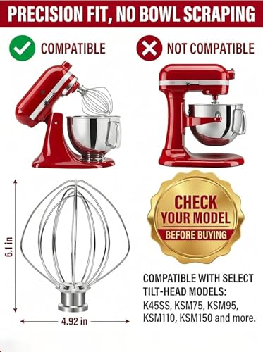 6-Wire Whisk Attachment for 4.5QT and 5QT Tilt-Head Stand Mixers