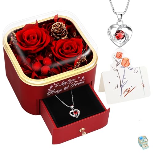 Red Preserved Rose Box with Necklace - Long Lasting Flower Gift for Women