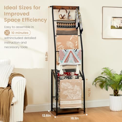 7-Tier Blanket Ladder Shelf with Hooks, Rustic Wooden Towel Rack for Storage