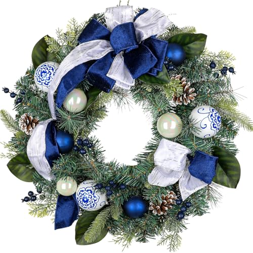24 Inch Blue and White Christmas Wreath with Bows, Berries & Pinecones for Front Door Holiday Decor