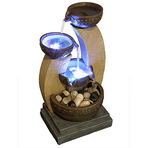 11-Inch Golden Tiered Bowl Tabletop Fountain with Color-Changing LED Lights