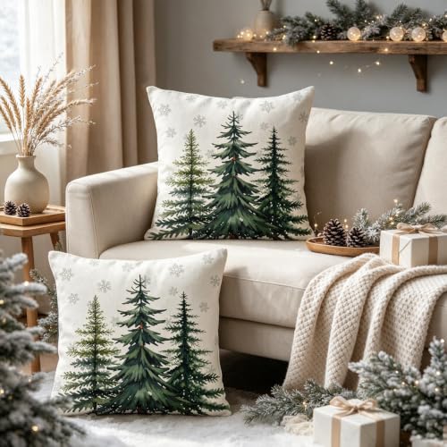 18x18 Inch Winter Christmas Pillow Covers Set of 2 - Forest Green Holiday Decor