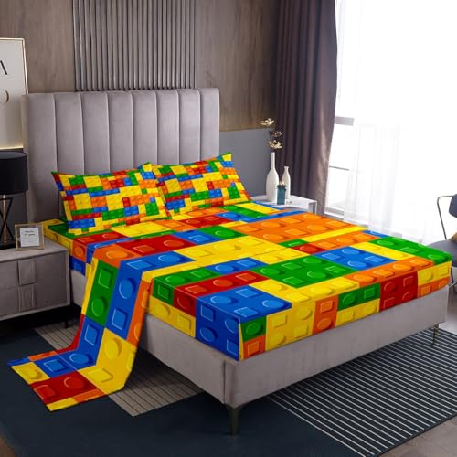 Building Blocks Twin Bed Sheet Set - 3-Piece Kids Bedding with Deep Pockets