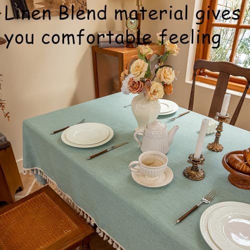 AmHoo Linen Blend Rectangle Tablecloth 55×102 Inch Teal, Durable 280 GSM with Tassels