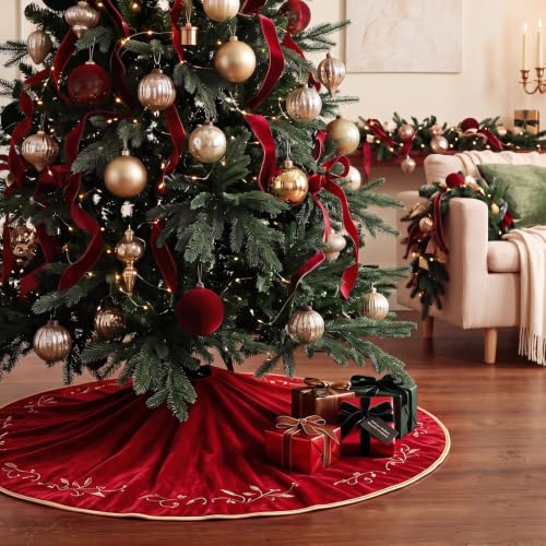 48-Inch Red Velvet Christmas Tree Skirt with Gold Embroidered Holly Leaves