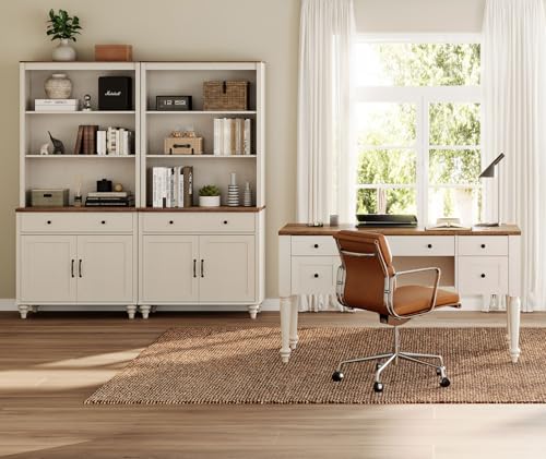 Farmhouse Executive Desk and Tall Bookcase Set with Charging Station