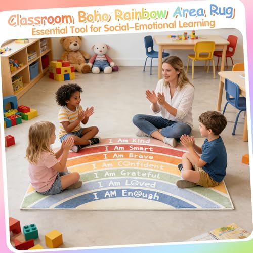 Boho Rainbow Classroom Rug, 3'x5' Motivational Area Rug for Kids Playroom