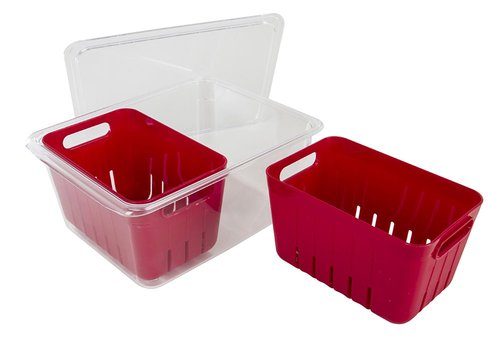 Kitchen Spaces Twin Colander Food Storage Container, Strainer and Fridge Organizer Bin for Fruits and Veggies, Stackable, BPA-Free