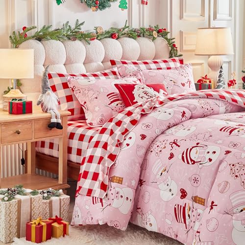 UOZZI Bedding Christmas Queen Comforter Set 7pc – Pink Snowman, Red Plaid, 12in Fitted Sheet