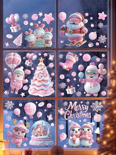 Qc3048 Pink Christmas Window Clings - 9 Sheets Holiday Decor for Glass Windows