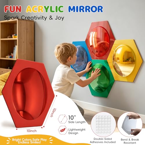 4-Piece Hexagon Sensory Bubble Mirror Set for Kids Playroom Wall Decor