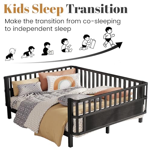 Full Size Montessori Bed Frame with Guardrails, Low Profile Metal & Wood Bed