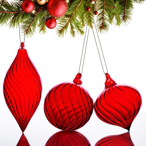 3Pcs Blown Glass Christmas Ornaments Set - Red Holiday Tree Decorations